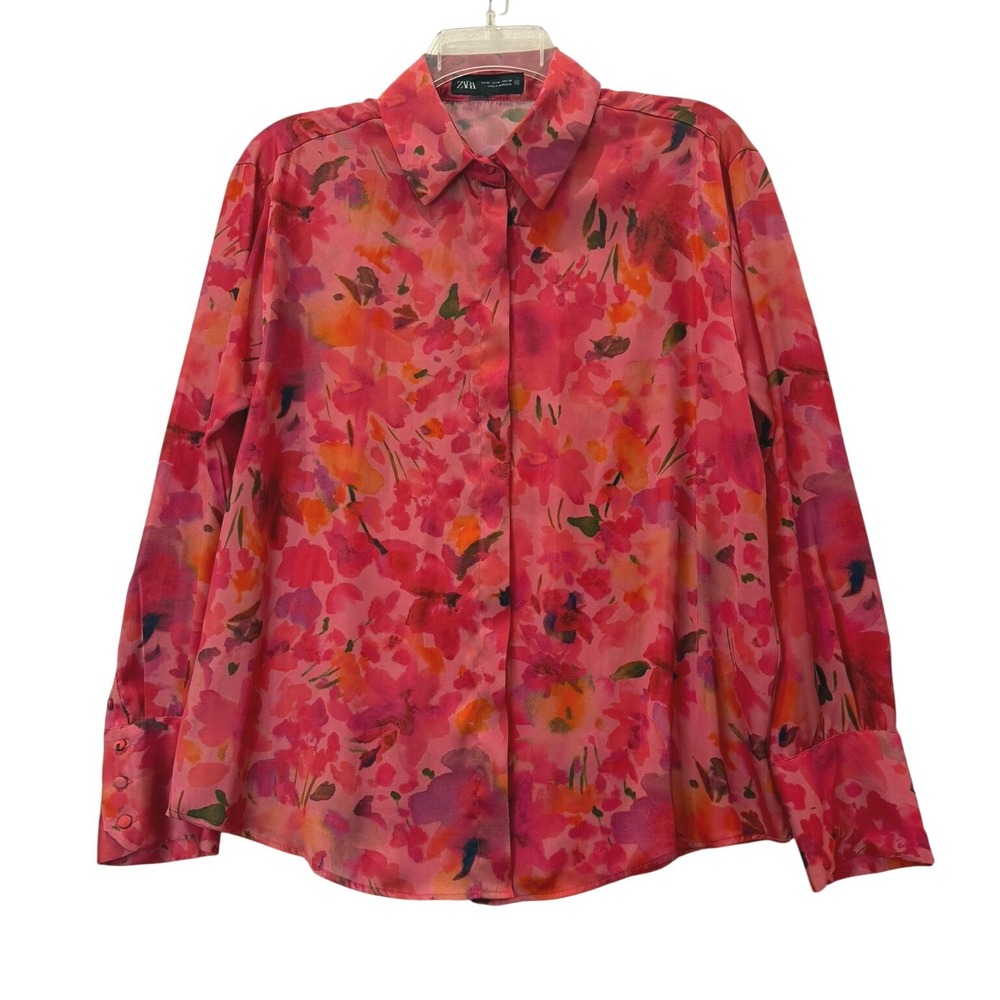 Zara Women's Medium Pink Orange Floral Watercolor Button Down Blouse Long Sleeve